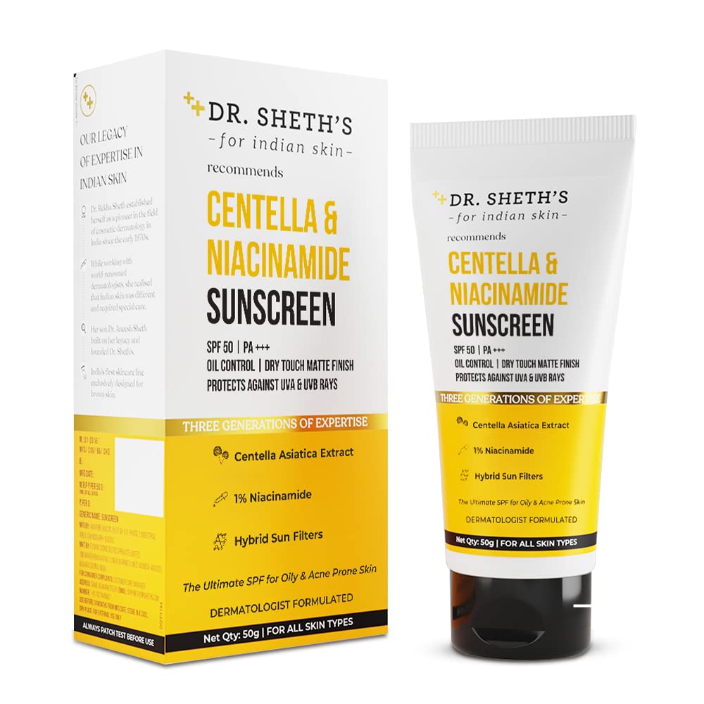 Dr. Sheth’s Centella & Niacinamide Sunscreen SPF 50 PA++++ - Acne & Oil Control, Ultra-Matte Finish, 50g