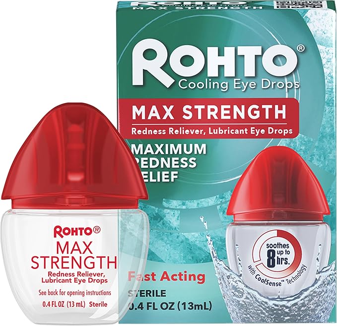 Rohto Max Strength Redness Reliever, Lubricant Eye Drops, Fast, Cooling Relief for Red, Dry, Itchy Eyes, Redness and Dryness Symptom Relief, Soothing Eye Drops, 0.4 fl oz Bottle