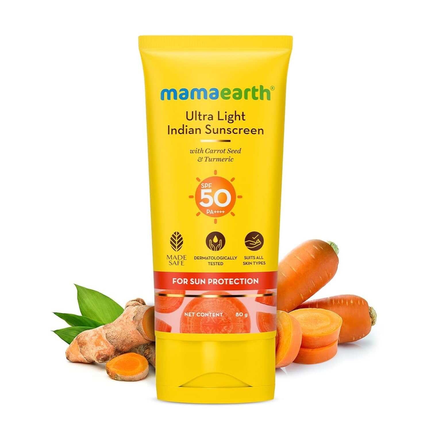 Mamaearth Ultra Light Indian Sunscreen SPF 50 PA ++++ - Carrot Seed & Turmeric, No White Cast, 80g