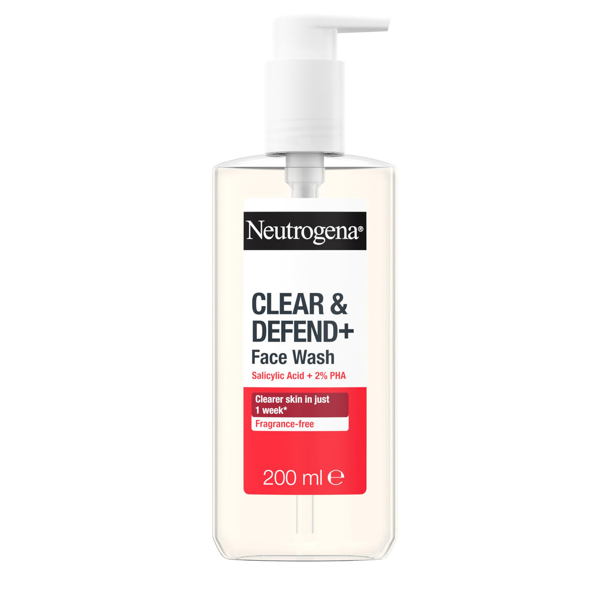 Neutrogena Clear & Defend+ Face Wash - Purifying Facial Wash for Acne-Prone Skin with Salicylic Acid and AHA/PHA - 200ml