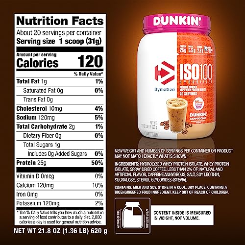 Dymatize ISO100 Hydrolyzed Whey Isolate Protein Powder - Dunkin' Cappuccino - 25g Protein, 95mg Caffeine, 5.5g BCAAs - 21.5 Oz