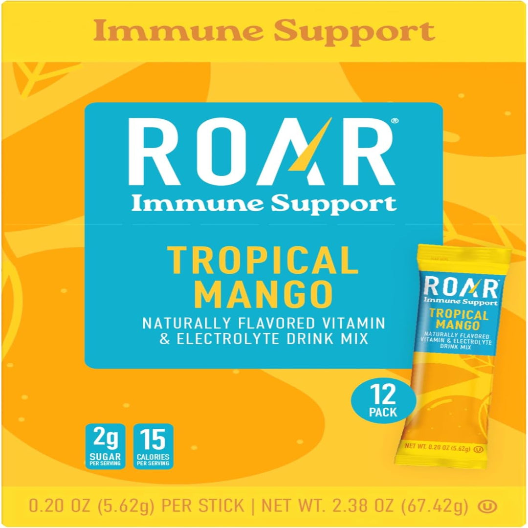 مسحوق دعم المناعة ROAR مع الزنك والآس، 12 قطعة، لون مango استوائي.