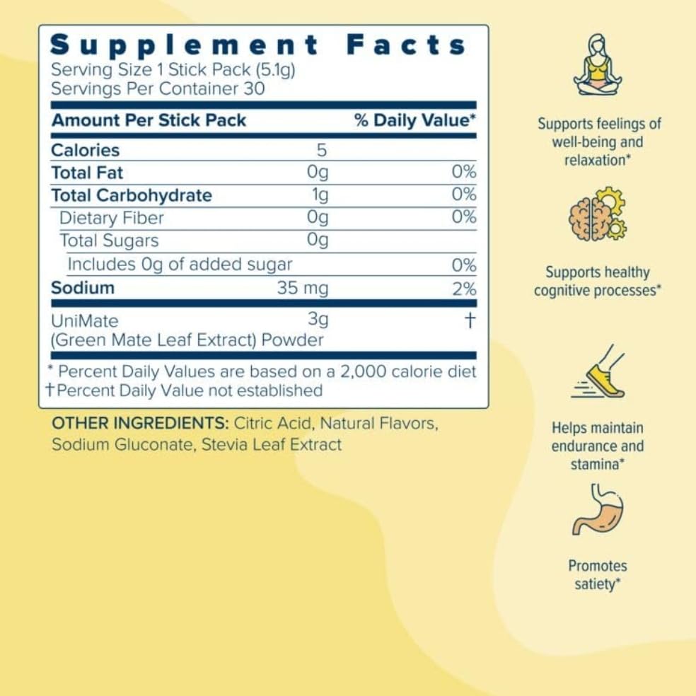 Unicity Unimate Lemon Yerba Mate Drink Mix - 30 Packets for Clean Energy Boost