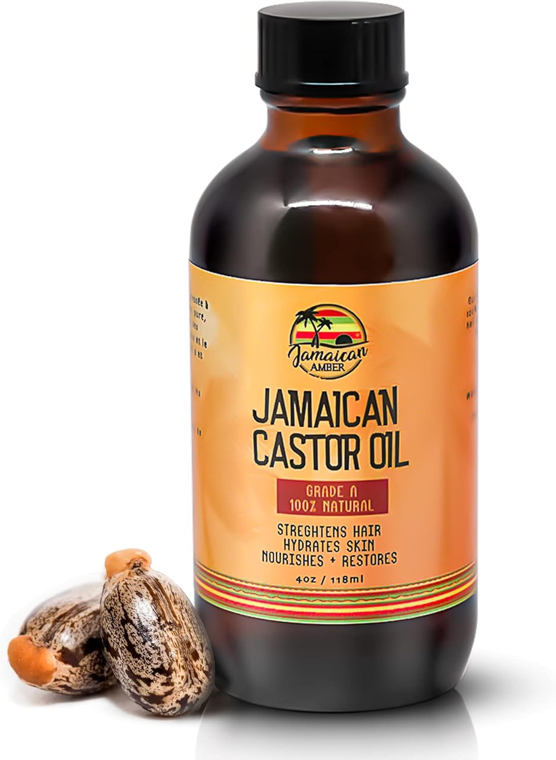JAMAICAN Ambre Amber Organic Castor Oil - Cold Pressed, 4 fl oz/118 ml - For Hair Strength, Growth, Eyelashes, Eyebrows, Scalp Health and Daily Moisturizing