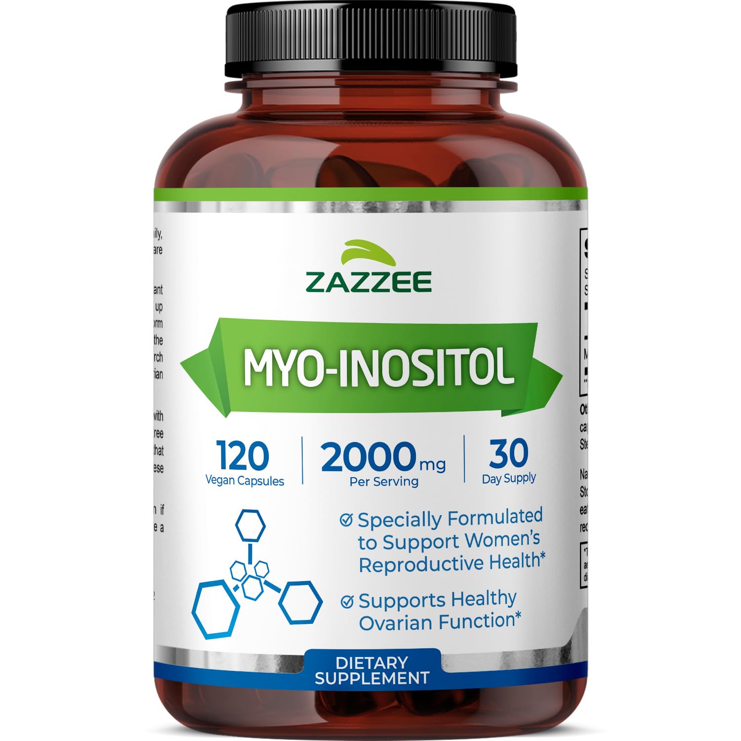 Zazzee Myo Inositol 120 Vegetarian Capsules - 2000mg for Hormonal Balance