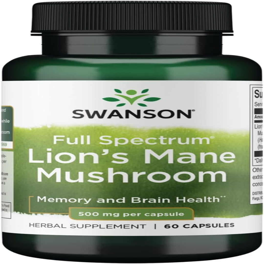 Swanson Lion's Mane Mushroom - Herbal Supplement Promoting Mental Focus, Clarity, & Memory Support - Traditional Brain Booster Supplement Made from Hericium Erinaceus (60 Capsules, 500mg Each)