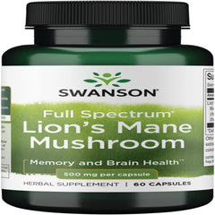 Swanson Lion's Mane Mushroom - Herbal Supplement Promoting Mental Focus, Clarity, & Memory Support - Traditional Brain Booster Supplement Made from Hericium Erinaceus (60 Capsules, 500mg Each)