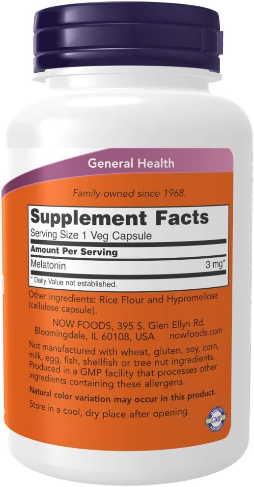 مكملات NOW Foods، الميلاتونين 3 مجم، مضاد للجذور الحرة*، دورة نوم صحية*، 180 كبسولة نباتية 