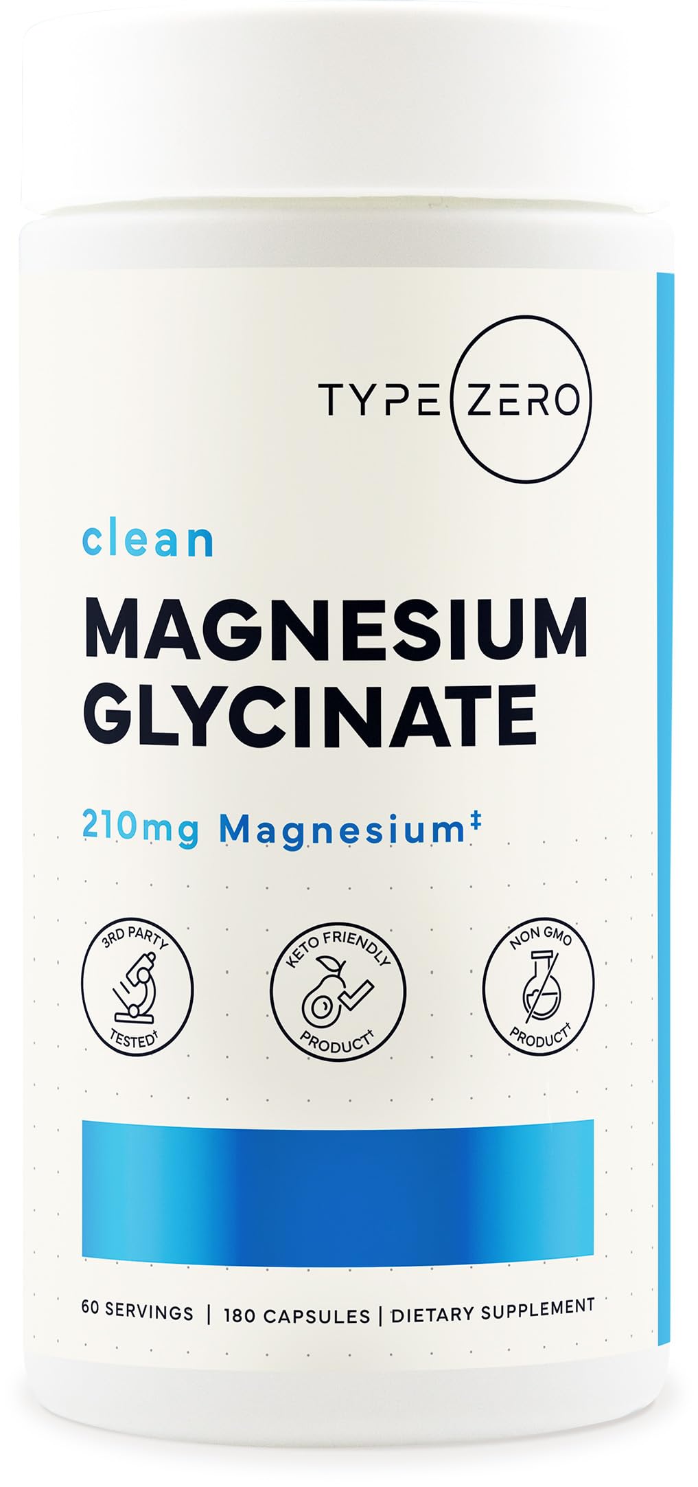 Type Zero Magnesium Glycinate (210mg | 180 Capsules) | Pure, Non-GMO, Gluten Free, High Absorption