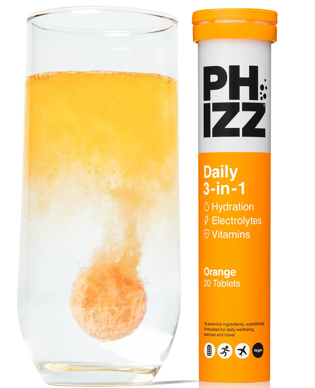 Phizz Electrolyte Multivitamin Hydration Tablets - 18 Vitamins & Minerals, Energy Boost (Orange, 20 Count)