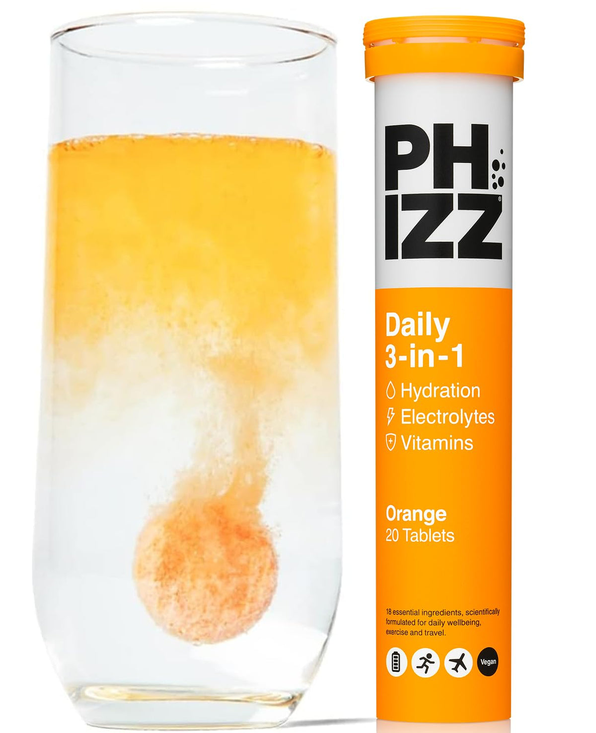 Phizz Electrolyte Multivitamin Hydration Tablets - 18 Vitamins & Minerals, Energy Boost (Orange, 20 Count)