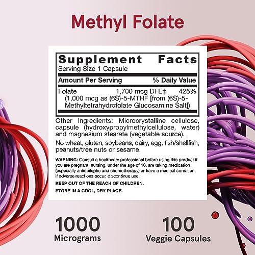 Jarrow Formulas® Methyl Folate 1000 mcg, Dietary Supplement, Methyl Folate for Cellular Energy Support, 100 Veggie Capsules, 100 Day Supply