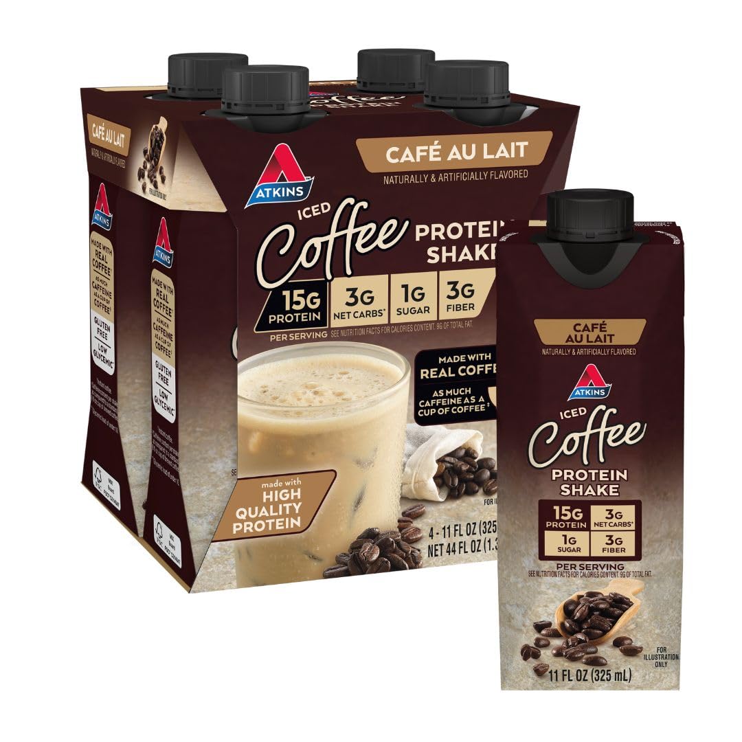 Atkins Iced Coffee Cafe Au Lait Protein Shake - Ready to Drink, High Protein, Convenient 4-Pack