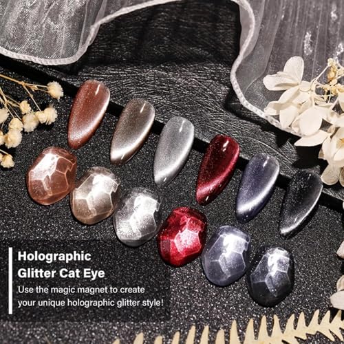 Azonee 6 Pcs Holographic Glitter Cat Eye Gel Nail Polish Kit with Magnet