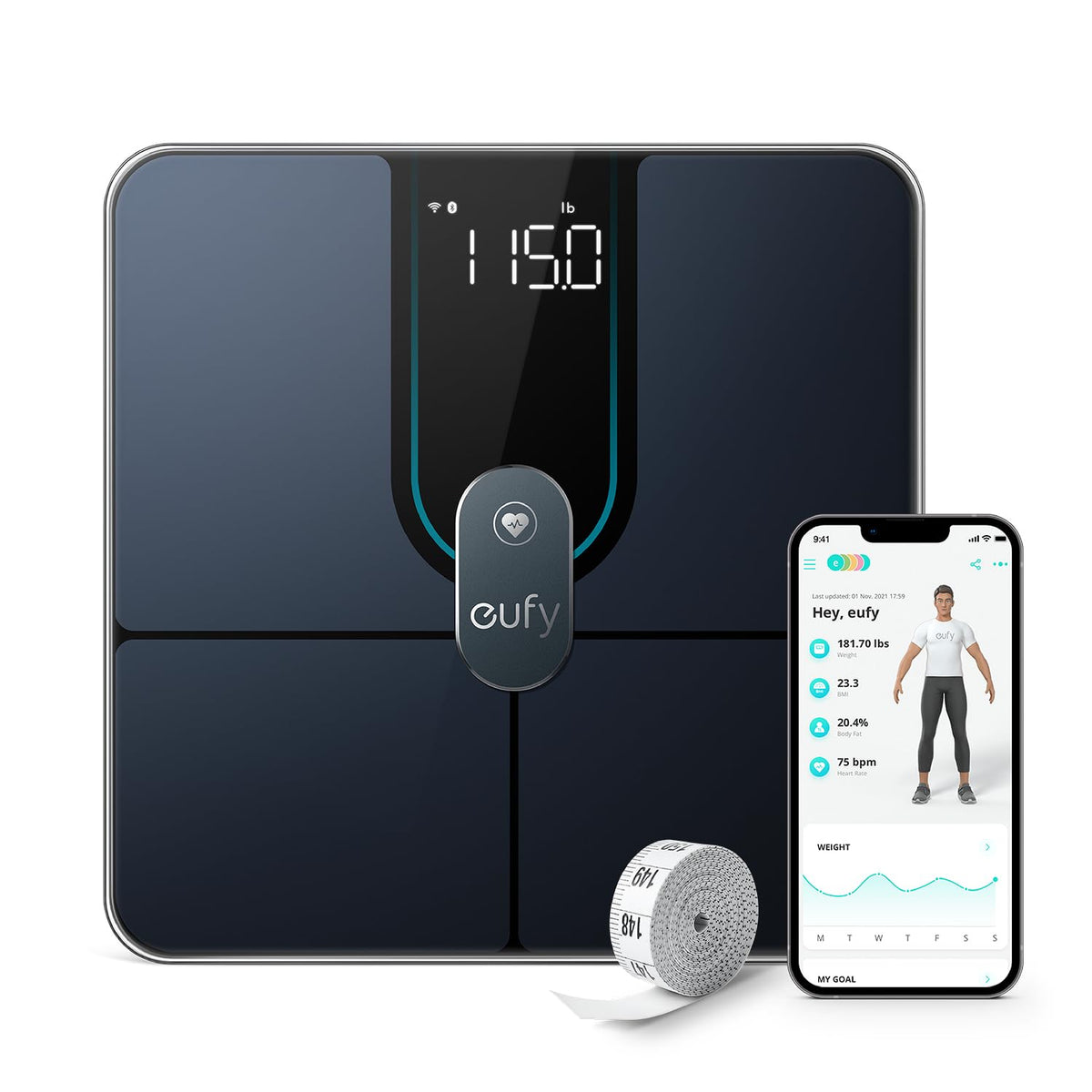 مقياس الوزن الذكي eufy Smart Scale P2 Pro مع الواي فاي و البلوتوث - ١٦ قياس للجسم بما في ذلك الوزن، ومعدل ضربات القلب، و نسبة الدهون، ومؤشر كتلة الجسم، والعضلات و كتلة العظام