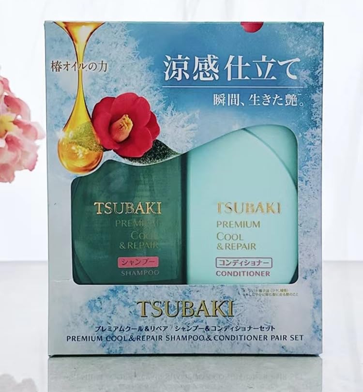 Shiseido TSUBAKI Premium Cool & Repair Shampoo and Conditioner Set - Cooling Sensation & Damage Repair, 490 ml x 2