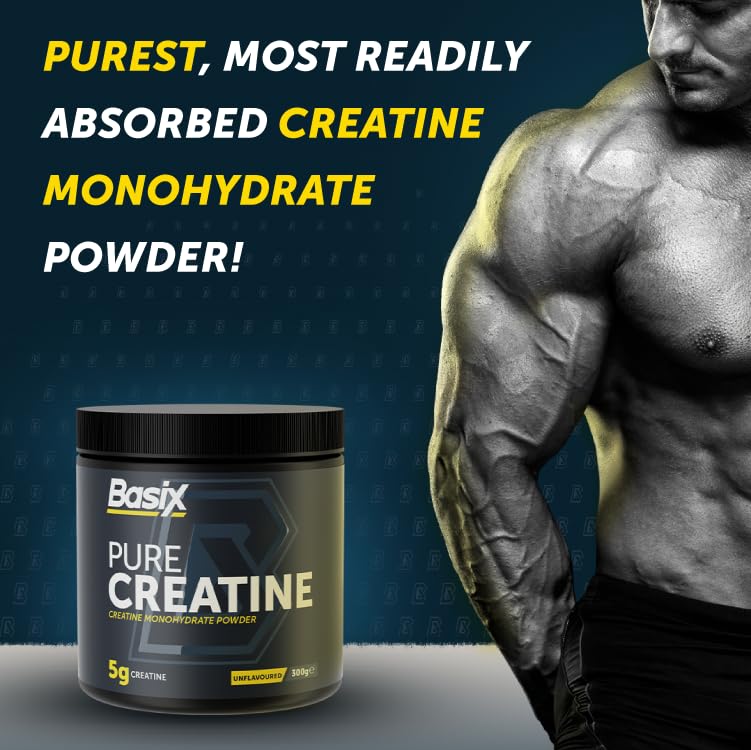 Basix Pure Creatine Monohydrate Powder - 300g | Unflavored | Muscle Strength & Recovery