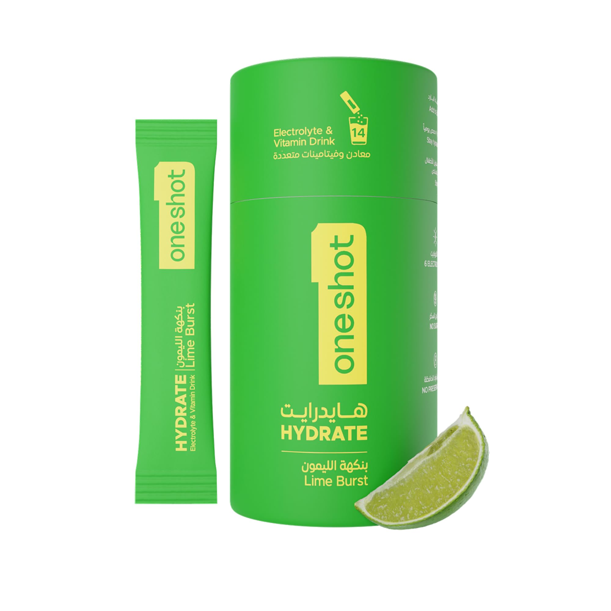 oneshot Hydration Lime Burst Electrolyte Powder - No Sugar, No Junk, No Aftertaste - 6 Electrolytes + 4 Vitamins + Zinc