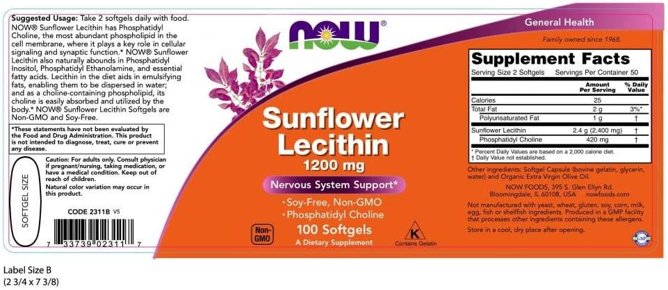 NOW Foods Supplements, Sunflower Lecithin 1200 mg with Phosphatidyl Choline, 100 Softgels