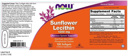 NOW Foods Supplements, Sunflower Lecithin 1200 mg with Phosphatidyl Choline, 100 Softgels