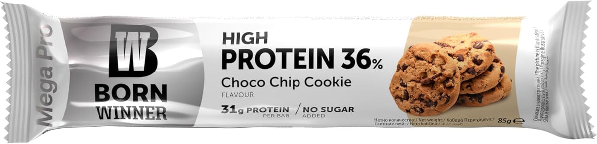 Born Winner MEGA PRO Protein Bar, 31g Protein, Choco Chip, 12-Pack