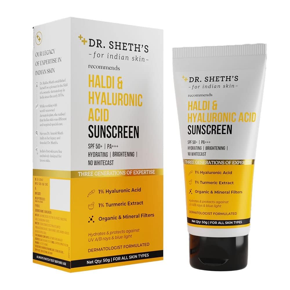 Dr. Sheth’s Sunscreen SPF 50 PA++++ with Hyaluronic Acid & Turmeric Extract - Hydrating, Non-Greasy, No White Cast, 50g
