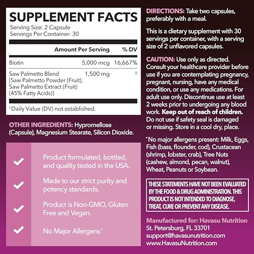 HAVASU NUTRITION Saw Palmetto DHT Blocker for Women with Biotin - Vegan Hair Growth Supplement