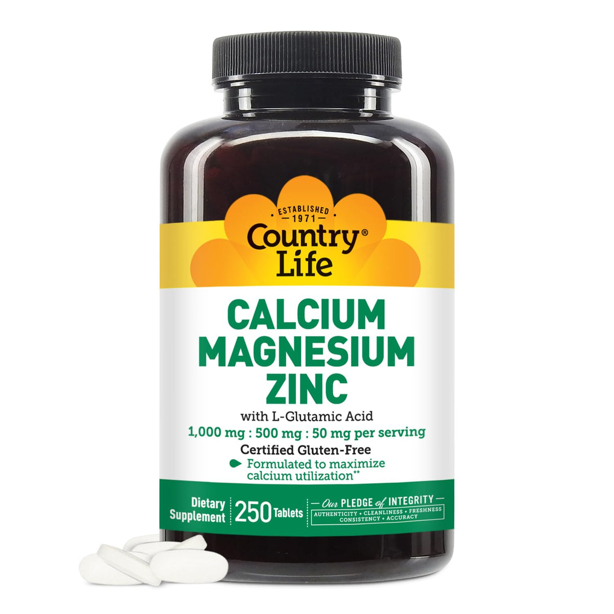 Country Life Calcium Magnesium Zinc - 250 Tablets for Bone & Immune Health