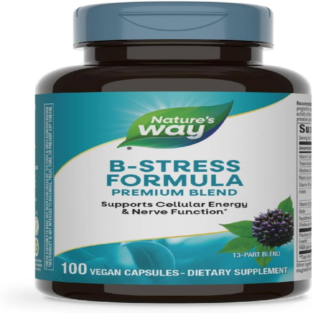 Nature's Way B-Stress Formula, Supports Cellular Energy & Nerve Function*, With Vitamins C, B12, Vitamin B6 & More, Gluten Free, 100 Vegan Capsules (Packaging May Vary)