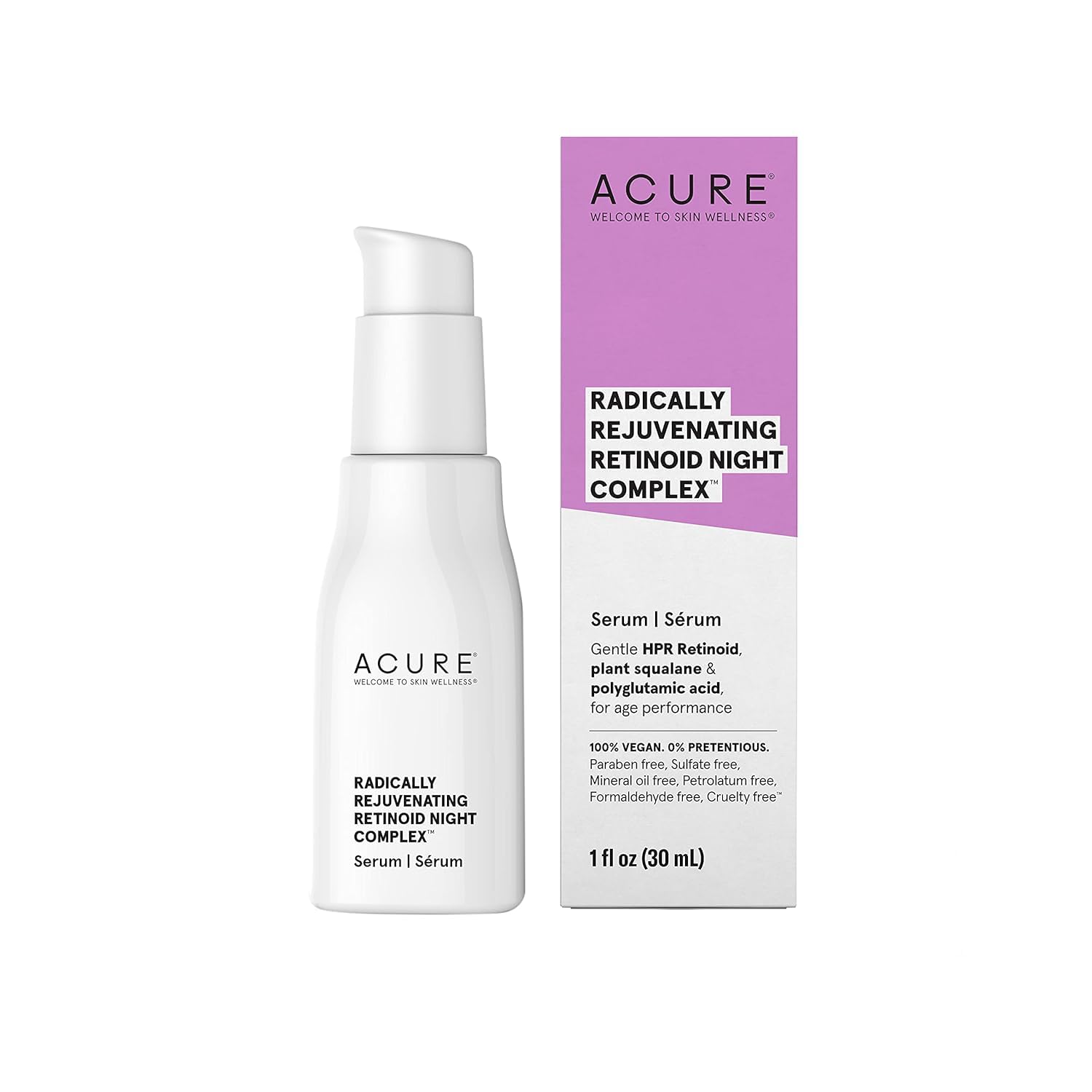 Acure Radically Rejuvenating Retinoid Overnight Complex - Vegan Anti-Aging Serum with Polyglutamic Acid & Plant Squalane - 100% Vegan - 30ml