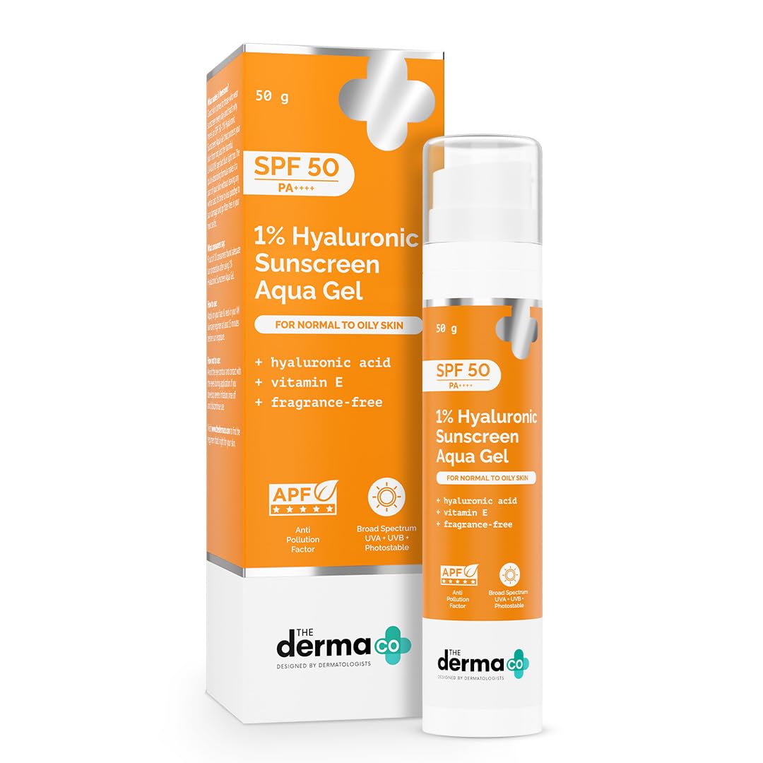 The Derma Co 1% Hyaluronic Aqua Gel Sunscreen SPF 50 PA++++ - Oil-Free, No White Cast, Broad Spectrum Protection, 50g