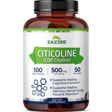 Zazzee Extra Strength Citicoline (500 mg) - 100 Vegan Capsules for Cognitive Support