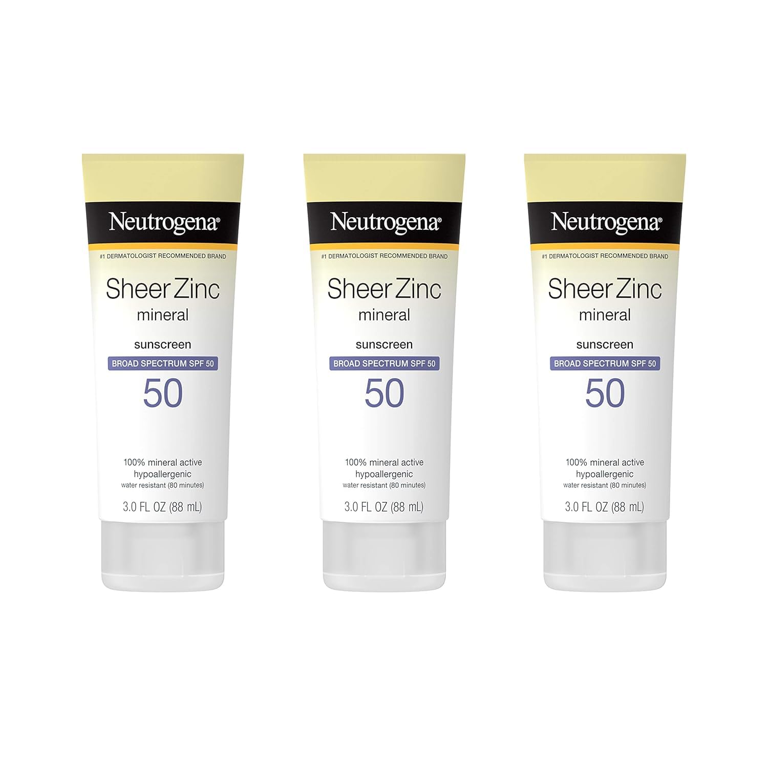Neutrogena Mineral Sunscreen Sheer Zinc Oxide Dry-Touch Lotion SPF 50 - Water Resistant for Sensitive Skin (3 fl. oz, 3 Pack)