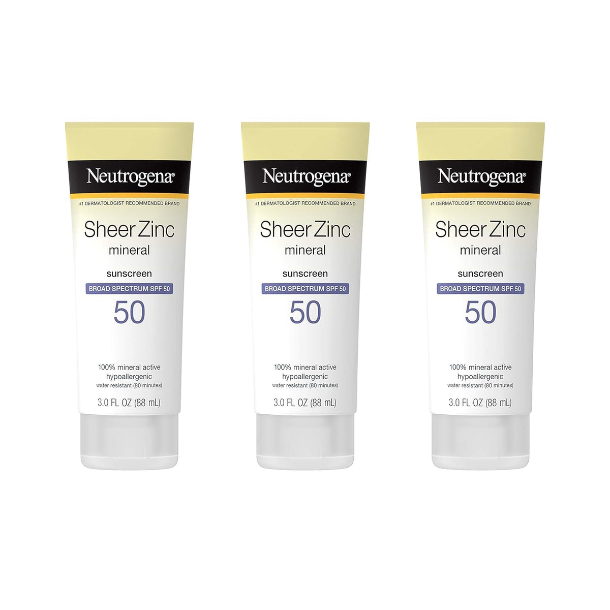 Neutrogena Mineral Sunscreen Sheer Zinc Oxide Dry-Touch Lotion SPF 50 - Water Resistant for Sensitive Skin (3 fl. oz, 3 Pack)