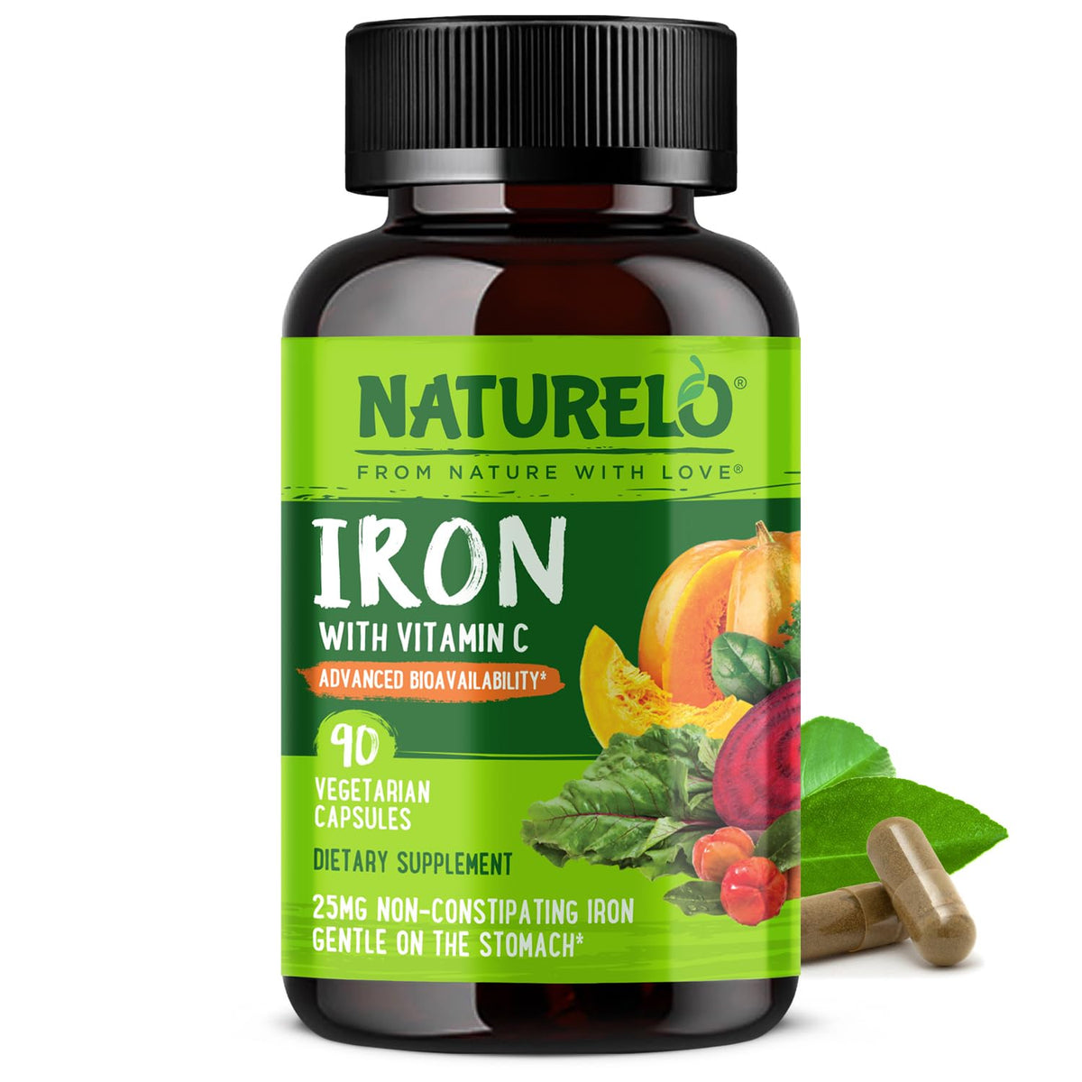 NATURELO Vegan Iron Supplement with Whole Food Vitamin C - 90 Mini Capsules