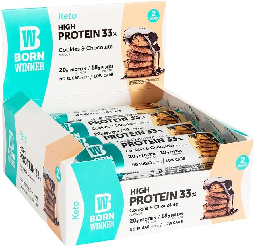 BORN Winner Keto Bar, منخفض الكربوهيدرات, ٢٠ جم بروتين, بسكويت وشوكولاتة, ١٢x٦٠ جم