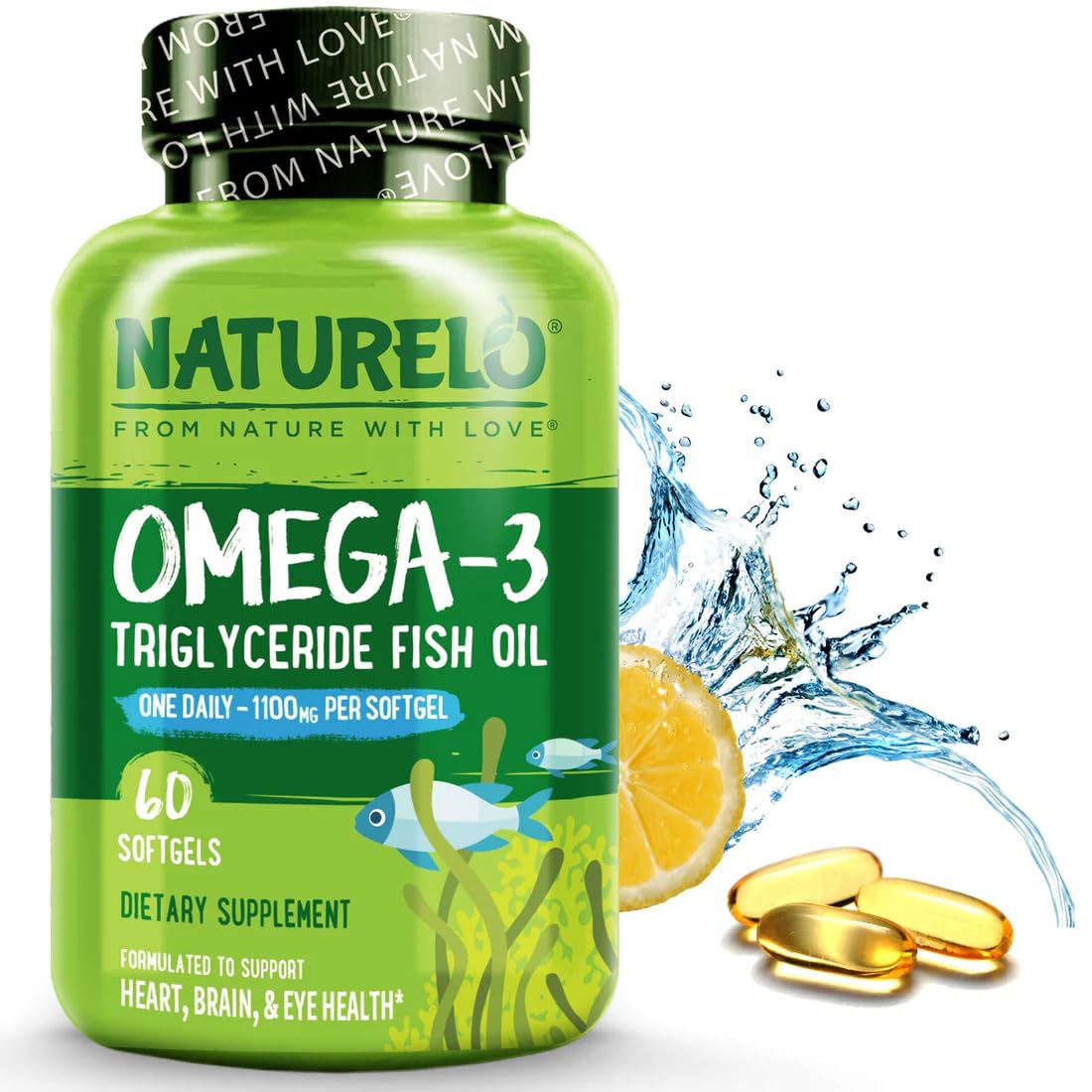 NATURELO High Strength Omega-3 Fish Oil 1100 mg DHA EPA - Lemon Flavor 60 Softgels
