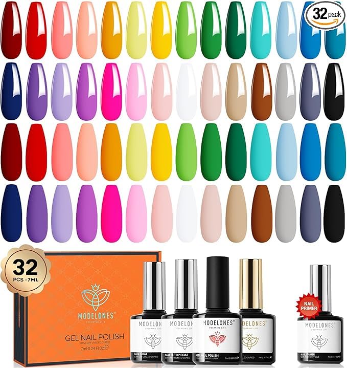 Modelones 32-Piece Gel Nail Polish Kit - 28 Rainbow Colors with Glossy & Matte Top Coats