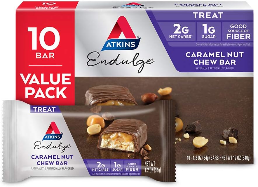 Atkins Endulge Caramel Nut Chew Bar - Keto Friendly Low Carb Snack - 10 Count (Pack of 1)