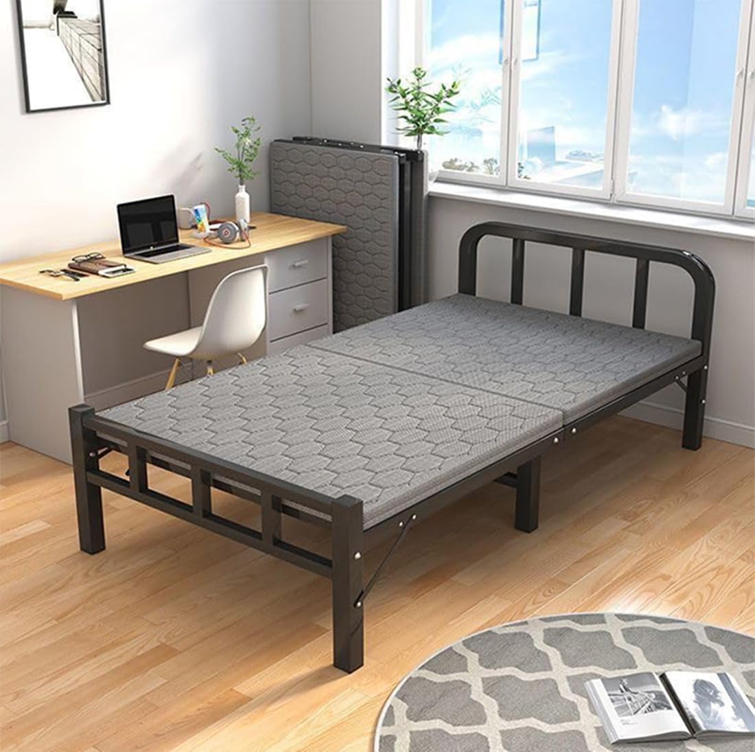 Wemart Twin Size Folding Bed with Mattress - Portable Roll Away Guest Bed (Black)