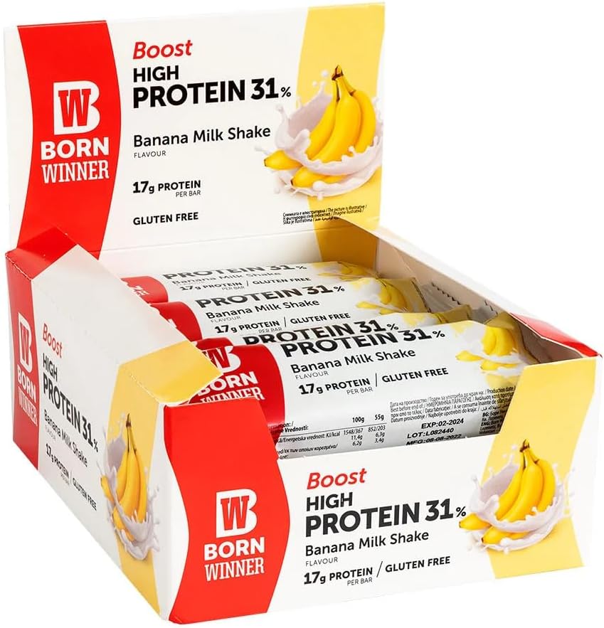 Born Winner Protein Bar BOOST, Banana Milkshake, 17g Protein, 12-Pack GF