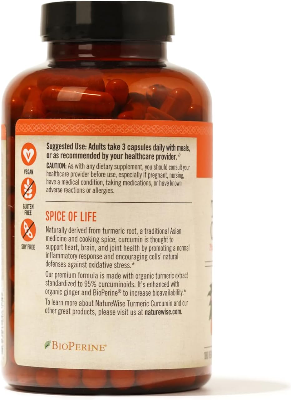 NatureWise Curcumin Turmeric 2250mg - 95% من الكركمين ومستخلص الفلفل الأسود BioPerine لامتصاص متقدم - دعم يومي لصحة المفاصل والجهاز المناعي - نباتي، غير معدّل وراثيًا، 180 قطعة [إمدادات لمدة 60 يومًا] 