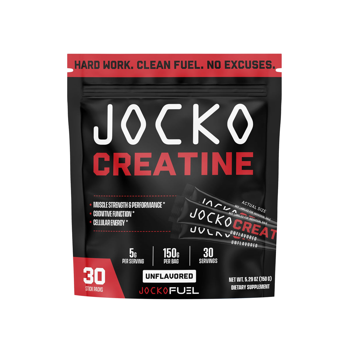 Jocko Fuel Creatine Monohydrate Stick Packs – 30 Servings Unflavored for Athletic Performance & Muscle Health