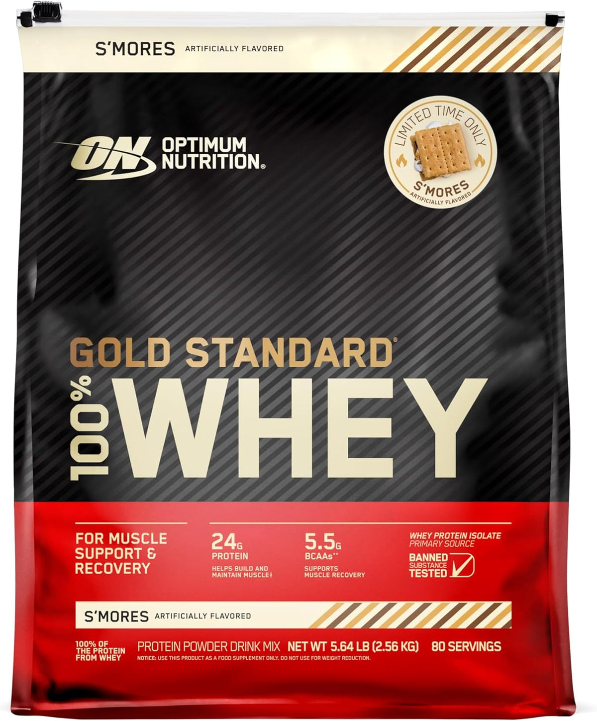 Optimum Nutrition 100% Gold Standard Whey Protein Powder - Protein Powder with a Blend of Hydrolyzed, Isolate & Whey - for Muscle Recovery - S'Mores, 5.64 lb (80 Servings)