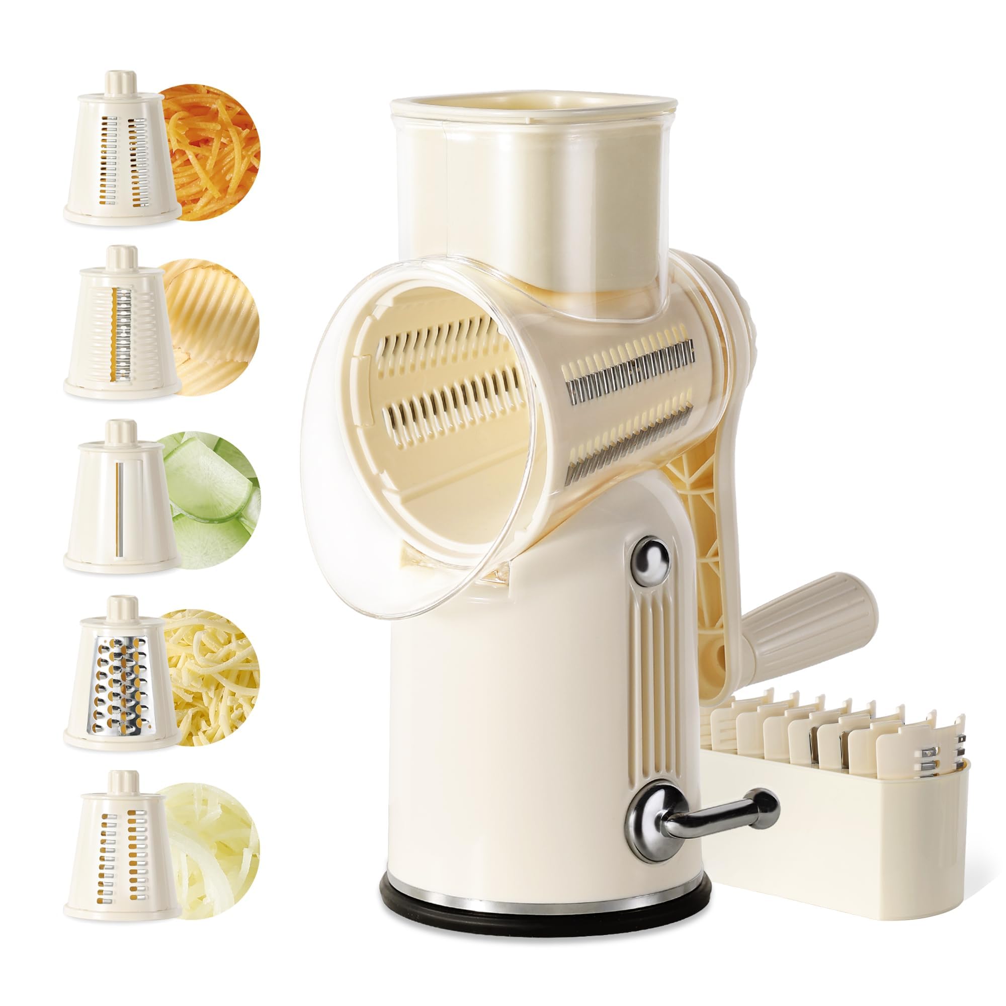 5-in-1 Manual Rotary Grater & Vegetable Slicer - Suction Base & 5 Blades