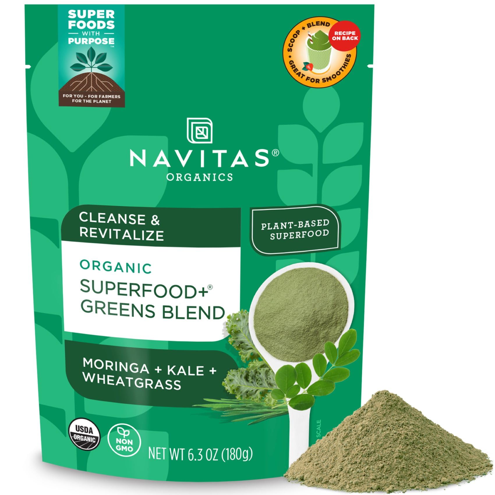 Organic Superfood + Greens Blend Powder - Nutrient-Dense Mix by Navitas Organics, 6.3oz Pouch