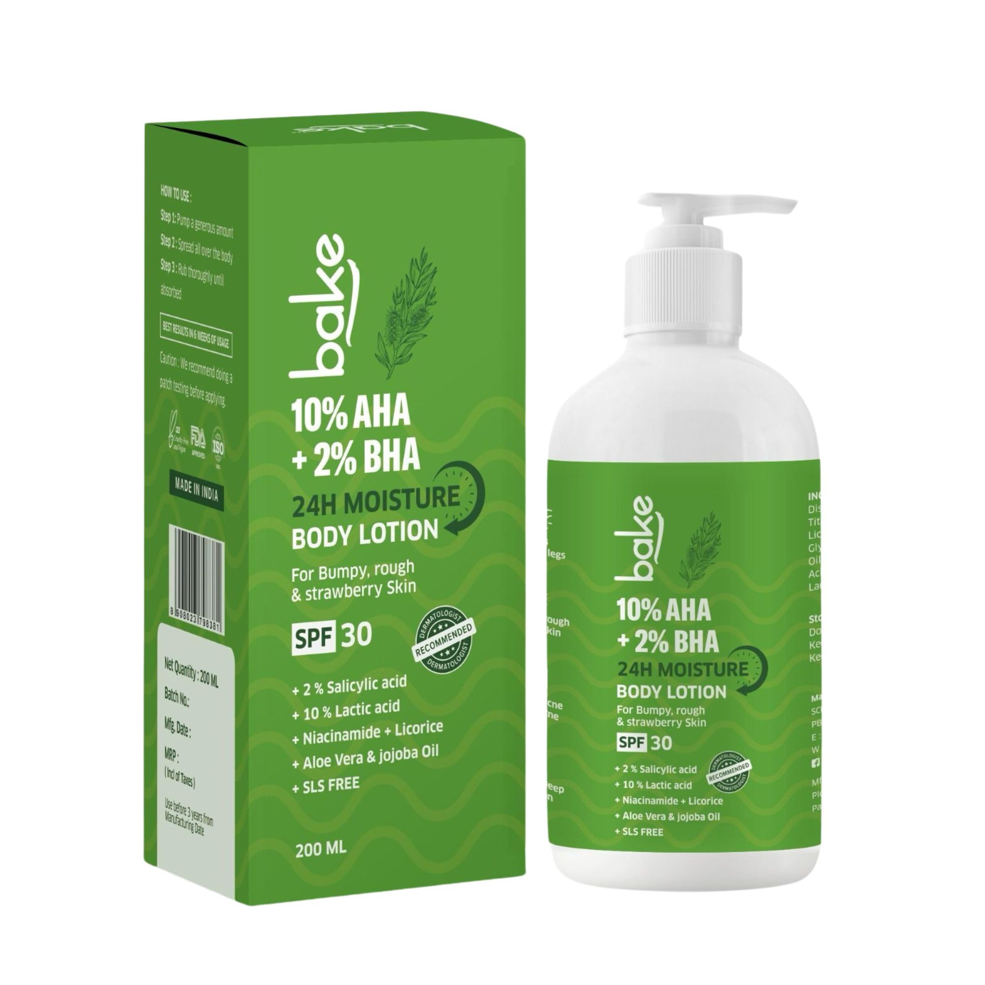 BAKE Body Lotion SPF 30 - Bumpy Skin Treatment, 10% AHA + 2% BHA Exfoliating Lotion, 200ml Unisex 200 ml (Pack of 1)