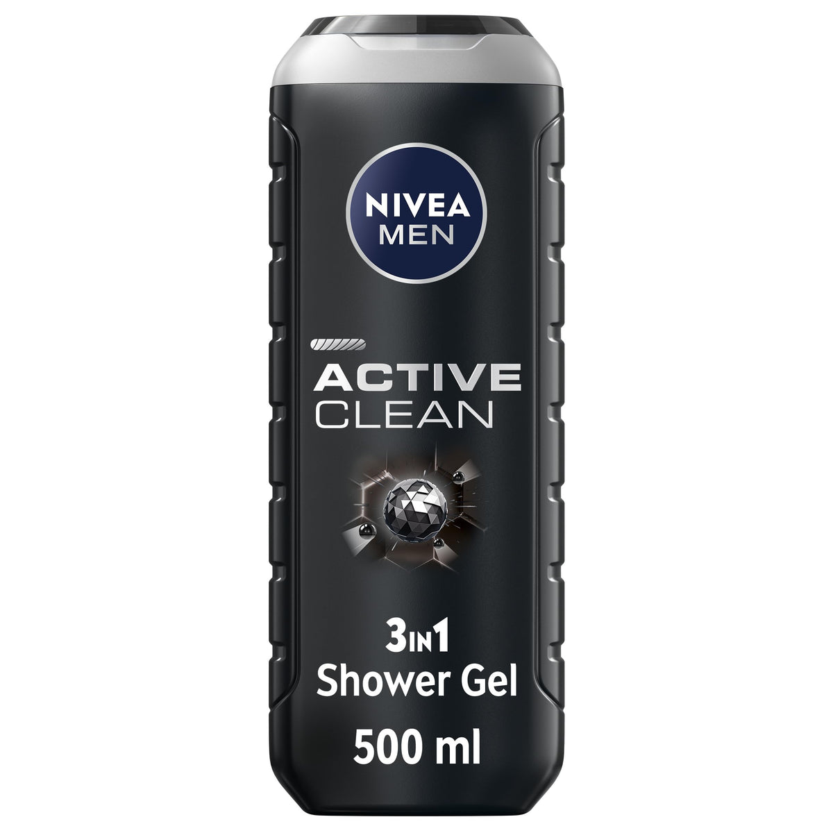 NIVEA MEN Active Clean 3in1 Shower Gel - Charcoal-Infused Body, Face & Hair Wash, 500ml