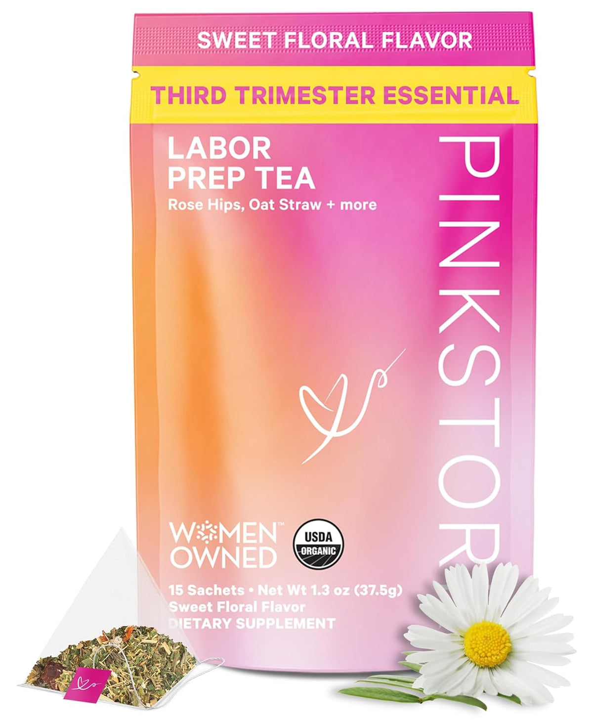 Pink Stork Labor Prep Tea: Organic Red Raspberry Leaf, Chamomile & Rosehip (15 Sachets)