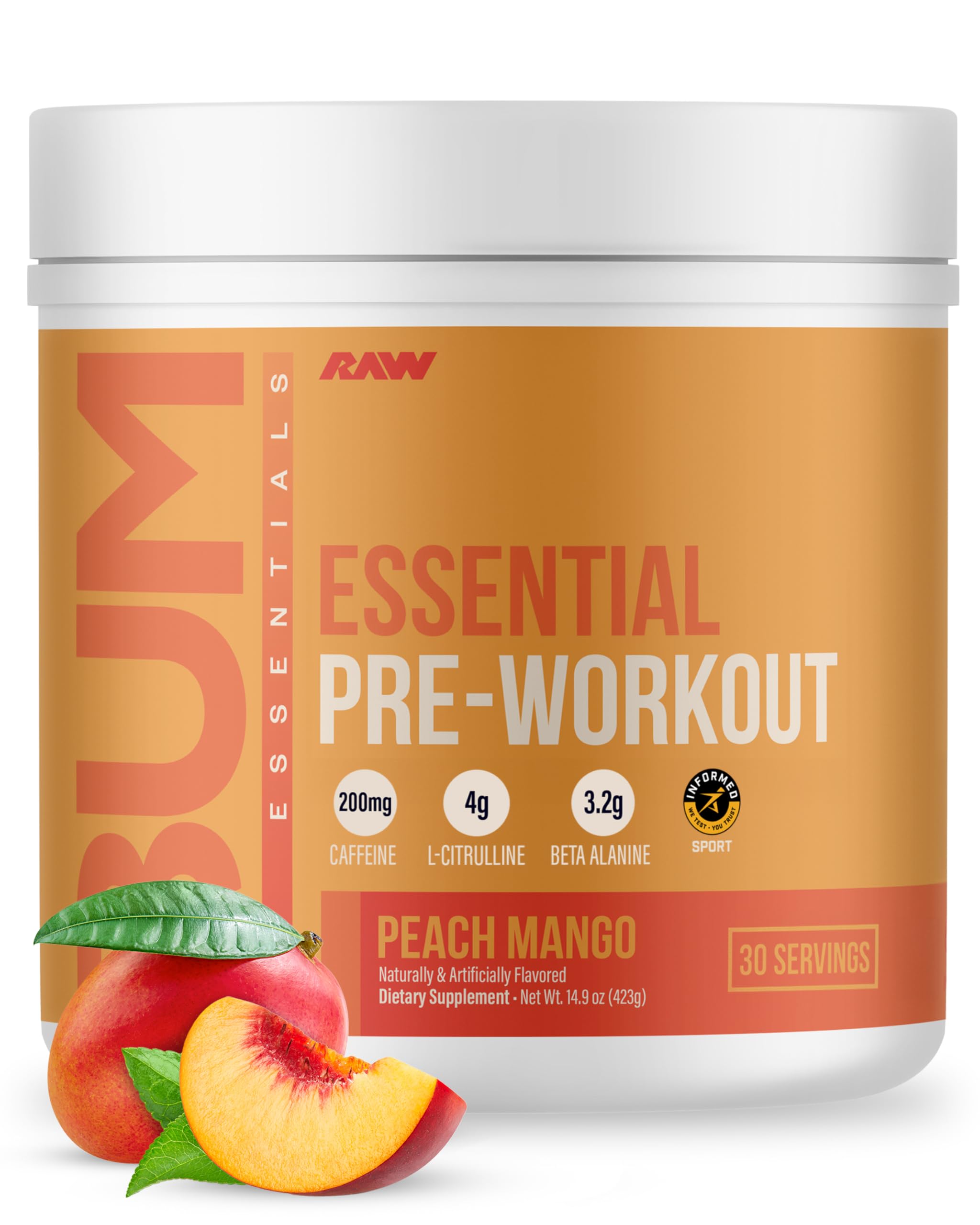 Raw Essential Pre-Workout Powder - Peach Mango, 30 Servings | Natural Energy & Performance Boost